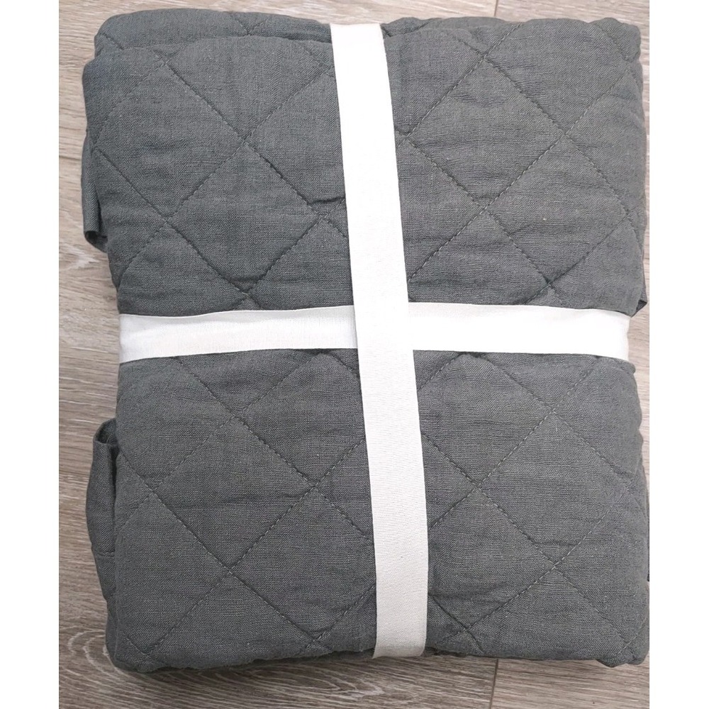 POTTERY BARN Set 2 Belgian Flax Linen Tufted Quilted King Shams Dark Forest Gray - Picture 4 of 4